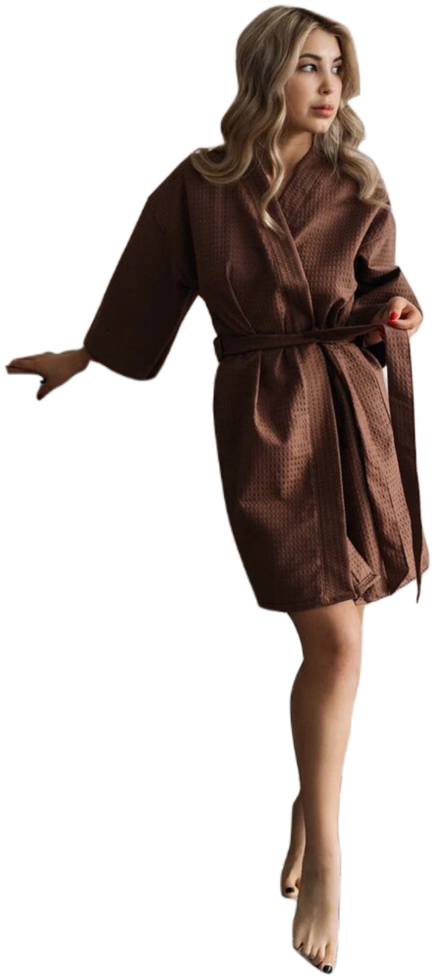 Халат Sweet Sleep укороченный, укороченный рукав, пояс, размер 48, коричневый - фотография № 1