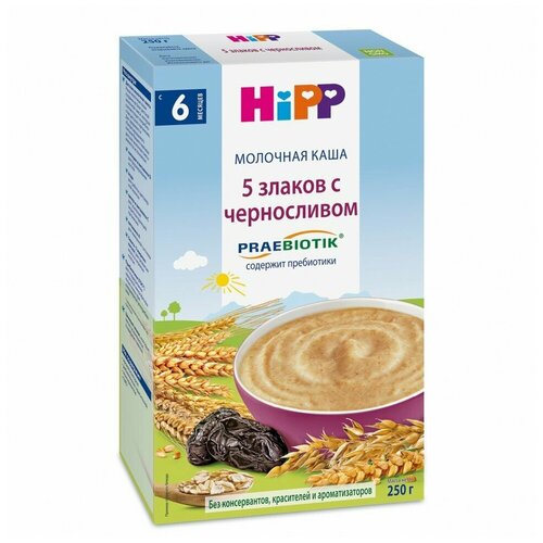 Каша Hipp молочная 5 злаков с черносливом 250 г каша фруктовая гречневая hipp organic hippis яблоко груша чернослив с 6 месяцев 100 г