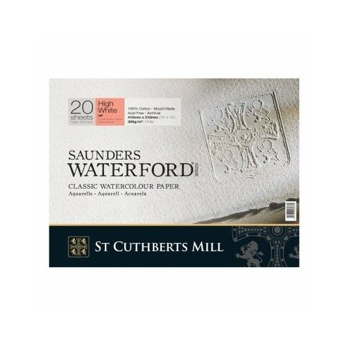 Альбом для акварели Saunders Waterford HP High White (Сатин - гладкая) хлопок, 41х31см, 300г/м2, белая, 20 листов