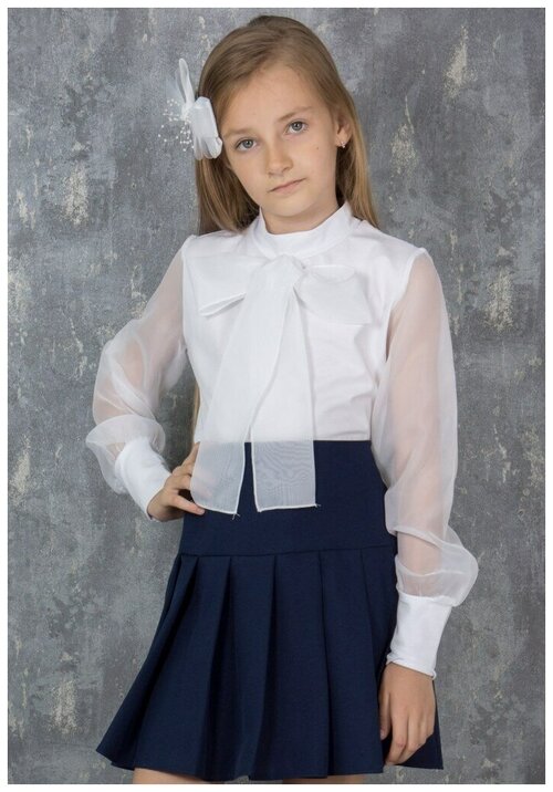 Школьная блуза , полуприлегающий силуэт, длинный рукав, трикотажная, однотонная, размер 152, белый