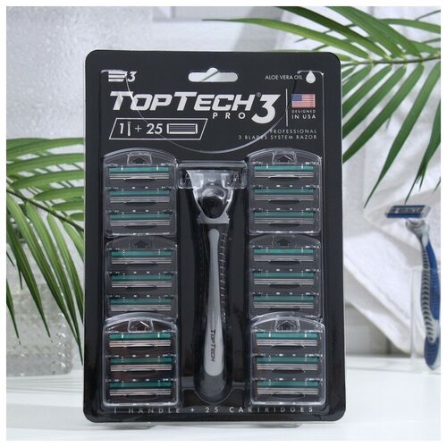 Мужская бритва TopTech PRO 3, 1 бритва + 25 сменных кассет (совместимы с Gillette Blue3) бритва gillette mach3 с 5 сменными кассетами