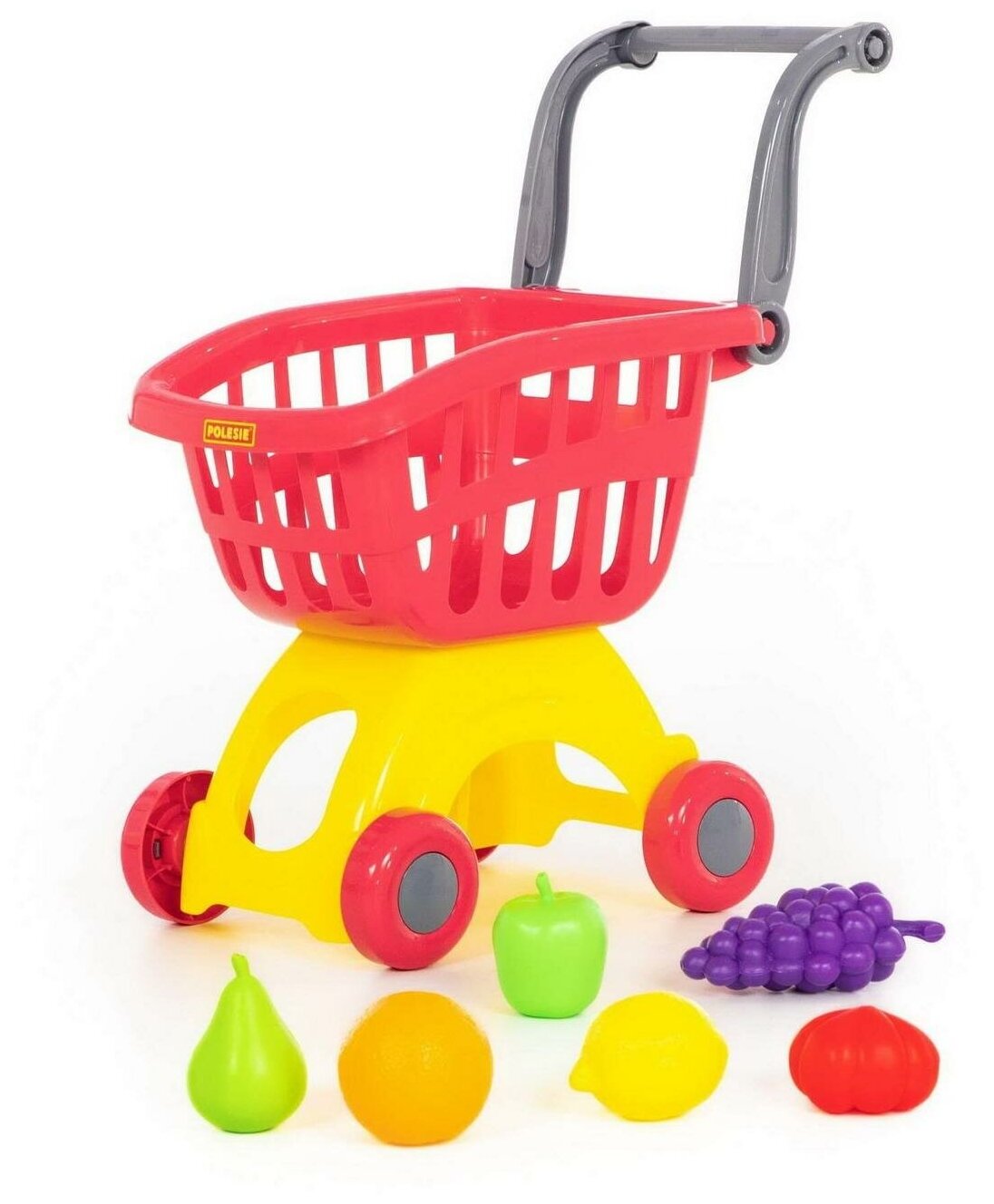 Игровой набор Полесье Тележка для маркета Мини, красная с набором продуктов №3 (6 предметов) в сеточ