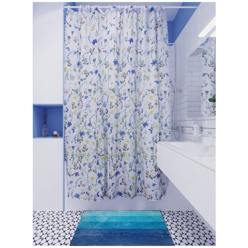 фото Штора для ванной/занавеска для ванны/шторка для ванной полиэстер 180*180 см голубая/белая "летный сад" raindrops