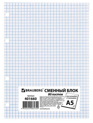 BRAUBERG Сменный блок 401660 клетка комплект 5шт. по 80 л белый