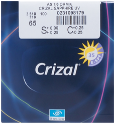 Линза для очков ESSILOR As Ormix Crizal Sapphire UV офисная, 1.61, d 65 мм, +4.50, бесцветный