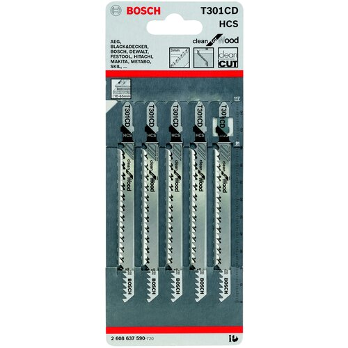 Пилки для лобзика Bosch T 301 CD /БОШ CLEAN FOR WOOD/ 2608637590 чистые прямые пропилы, 5 ш