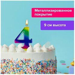 Свеча-цифра для торта "4" "Радужная", 9 см, золотая сказка, с держателем, в блистере, 591437