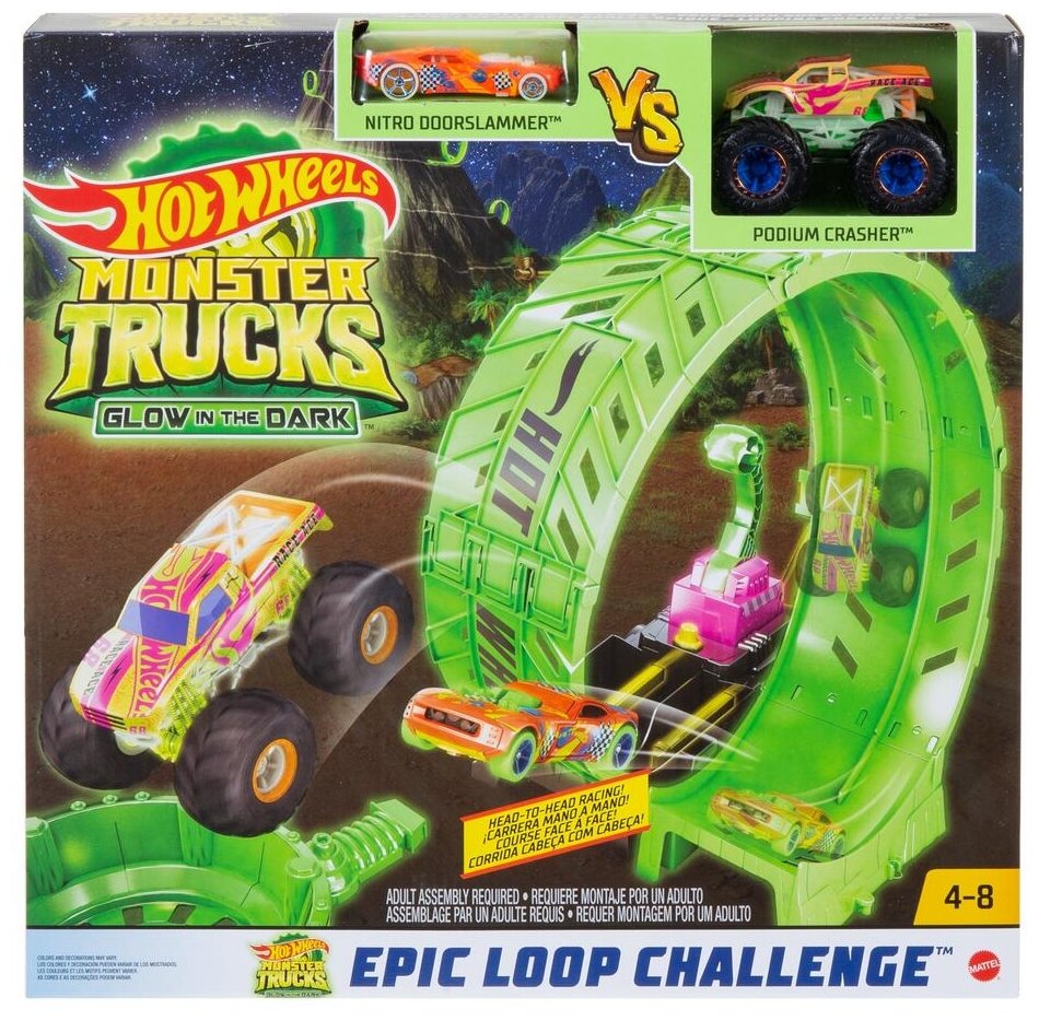 Игровой набор Hot Wheels Монстр-трак Автотрек Мертвая петля светящийся в темноте HBN02