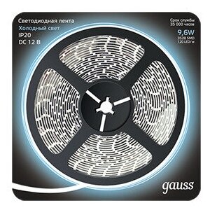 Gauss Лента LED 2835/120-SMD 9.6W 12V DC холодный белый (блистер 5м) (арт. 312000310) - фотография № 1