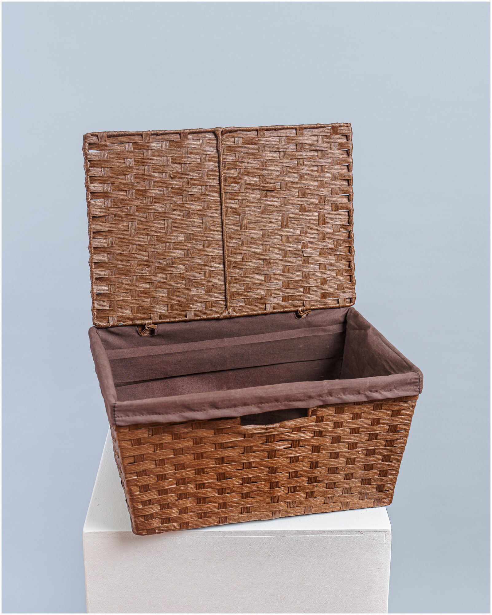 Корзина для хранения плетенная с крышкой, Storidea, с чехлом, коричневая, шпагат - фотография № 2
