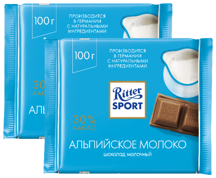 Шоколад Ritter Sport Альпийское молоко молочный, 100 г, 2 уп.