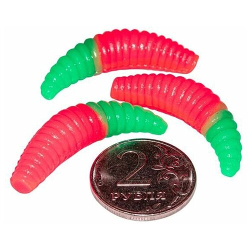Мягкая форелевая силиконовая приманка для рыбалки TROUT EXPERT серия MAGGOT - личинка (#M3815, 38 мм, 10 шт в банке, сыр) Розовый Зелёный