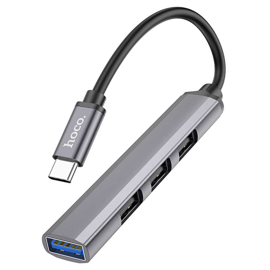 USB HUB разветвитель HOCO HB26 4 в 1 Type-C (m) - USB3.0 (f) + 3xUSB2.0 (f), серый металлик