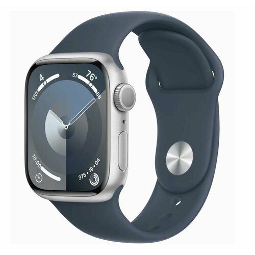 Умные часы Apple Watch Series 9 GPS 41mm Silver Aluminium Case with Storm Blue Sport Band - M/L