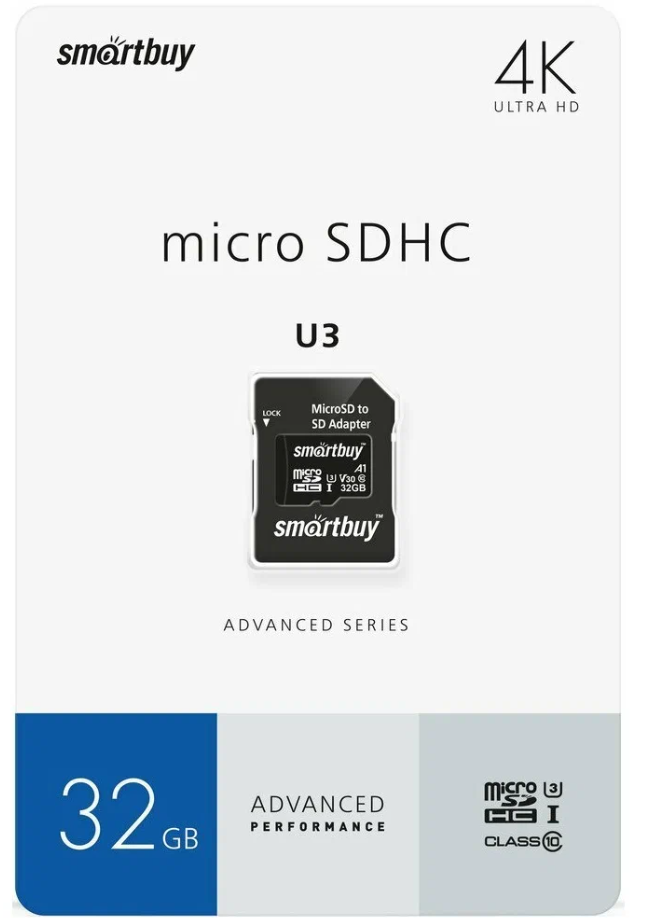 Micro SDHC карта памяти Smartbuy 32GB U3 V30 A1 Advanced R/W up to 90/55 (с адап SD)(SB32GBSDU1A-AD)