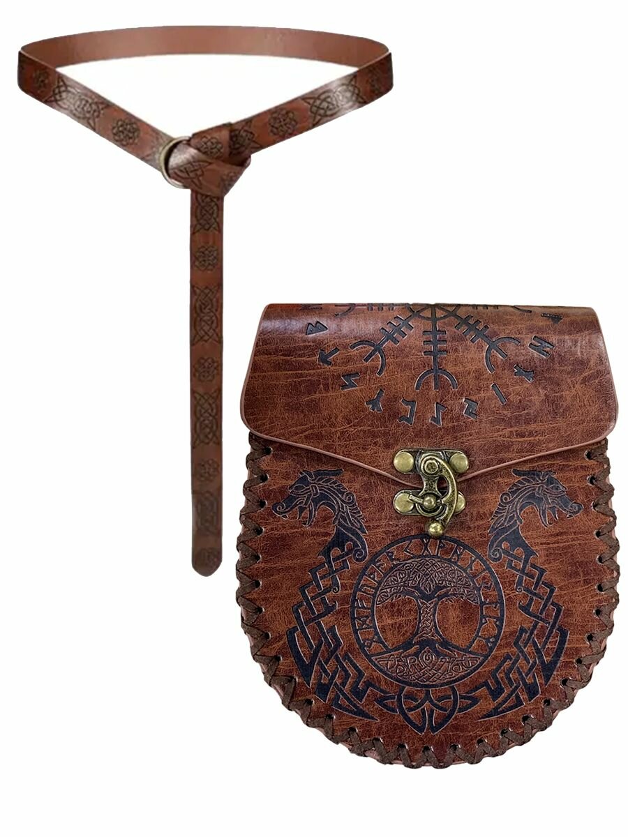 Сумка Средневековая кожаная сумка викинга на пояс и ремень Шлем Ужаса