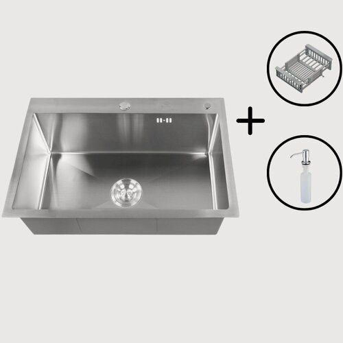 Изображение товара Мойка врезная Big House 68х45 см, толщина 3,0х0,8 мм, глубина 215 мм, сифон с переливом + коландер + дозатор
