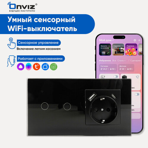 Изображение товара Умный сенсорный Wi-Fi выключатель с Алисой (черный) 2 клавиши с розеткой USB Type-C, универсальный без нуля и с нулем