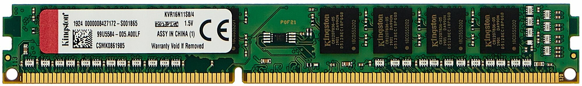 Оперативная память Kingston DDR3 1600 (PC 12800) DIMM 240 pin, 4 ГБ 1 шт. 1.5 В, CL 11, KVR16N11S8/4