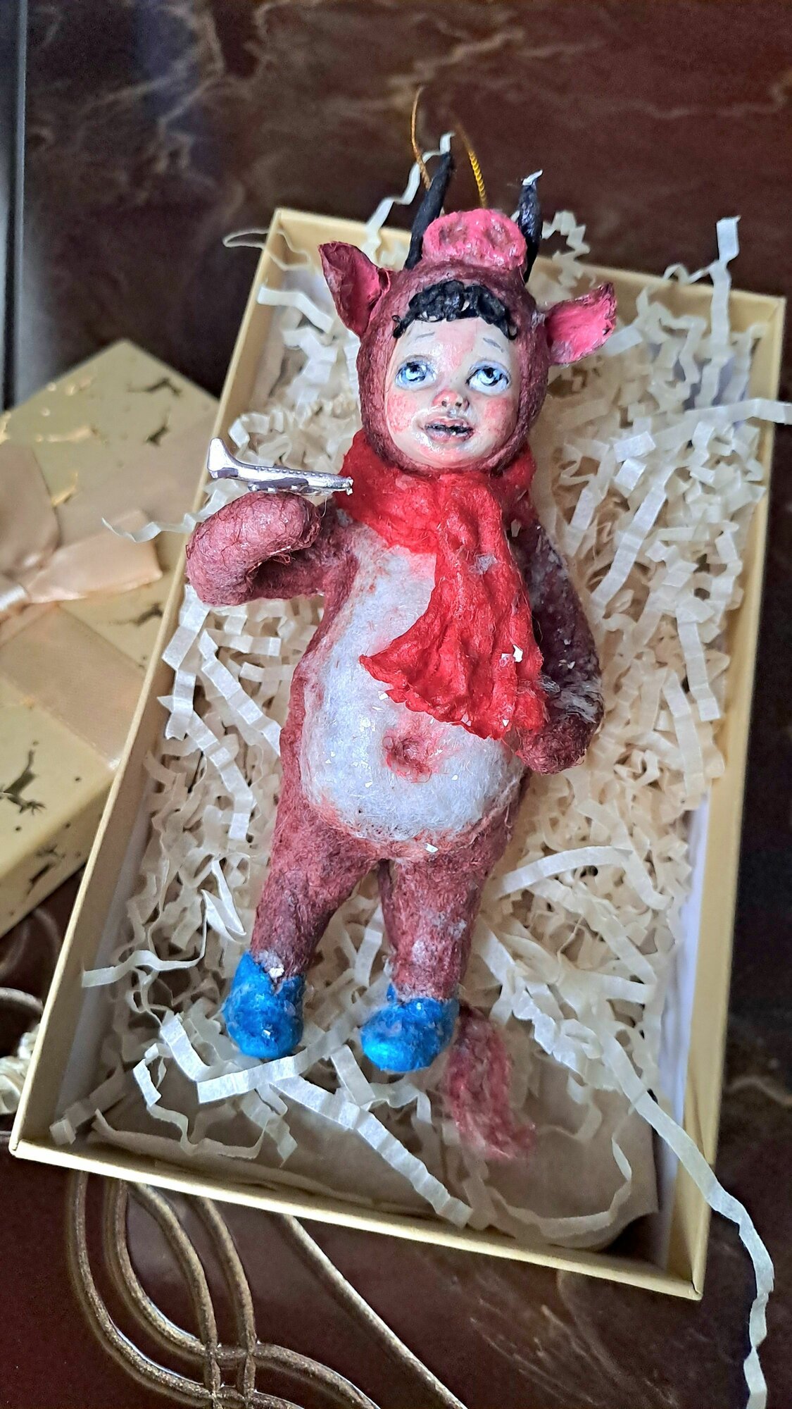 Мальчик - бычок с самолетиком, 13 см. Ватная елочная игрушка. Ручная работа
