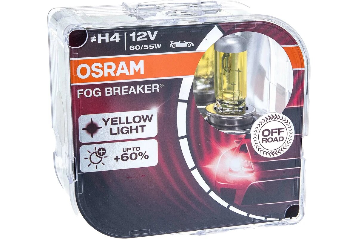 Лампа ближнего света автомобильная, евробокс, 2шт. OSRAM H4 60/55 P43t FOG BREAKER 2600K галогенновая 12v. свет + 60%