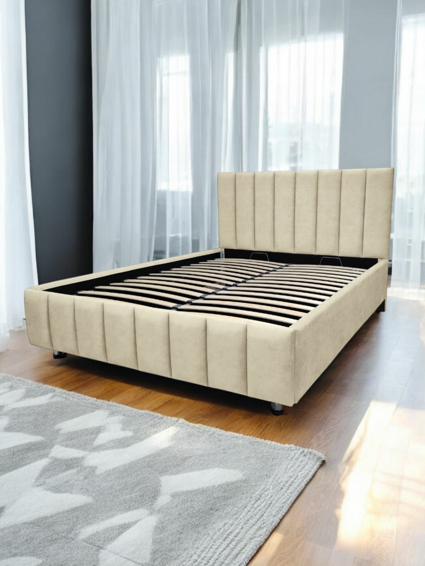 Двуспальная кровать Aviano 160 на 200 см, c мягким изголовьем, подъемным механизмом и ящиком для белья