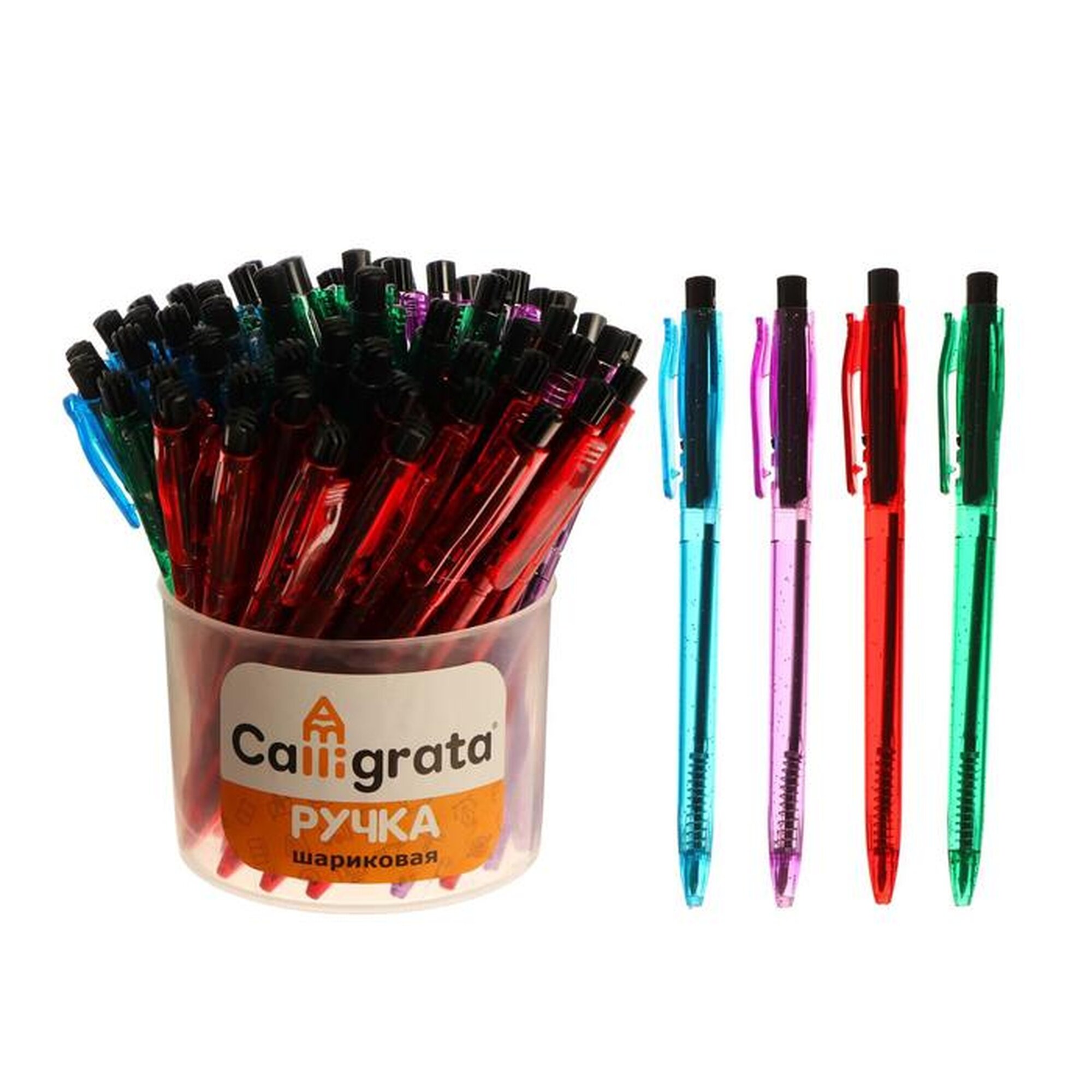 Ручка шариковая автоматическая прозрачный тонированный корпус, стержень синий, микс