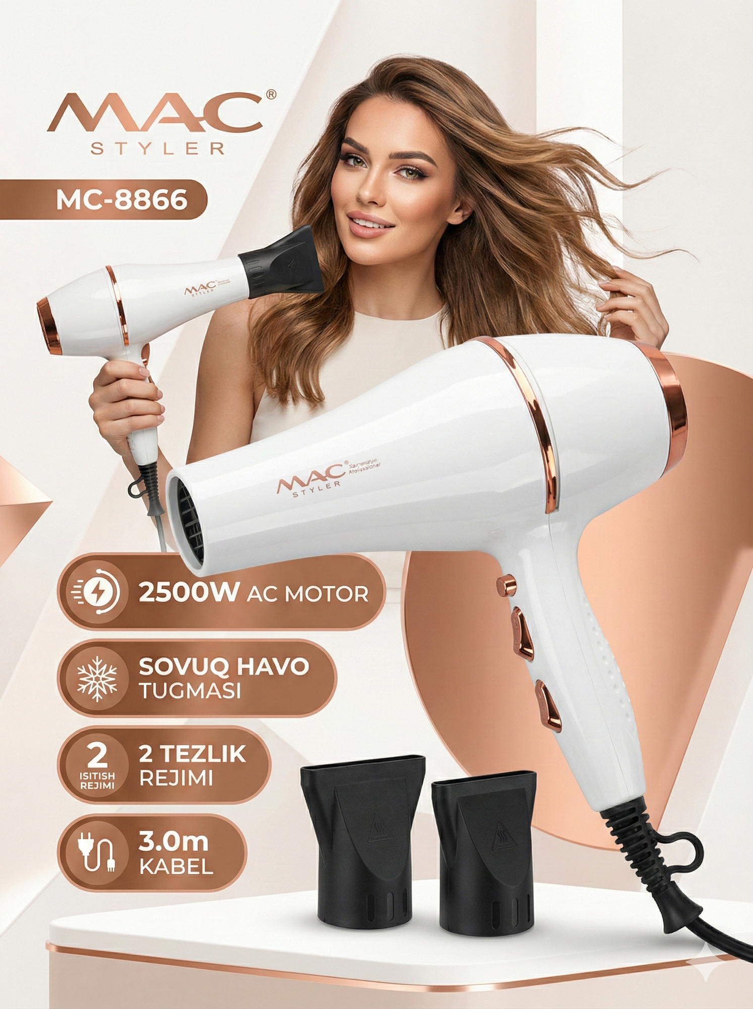 Профессиональный фен для волос MAC styler MC-6641, для сушки и укладки с ионизацией , Led Екраном 3in1 , 2500W