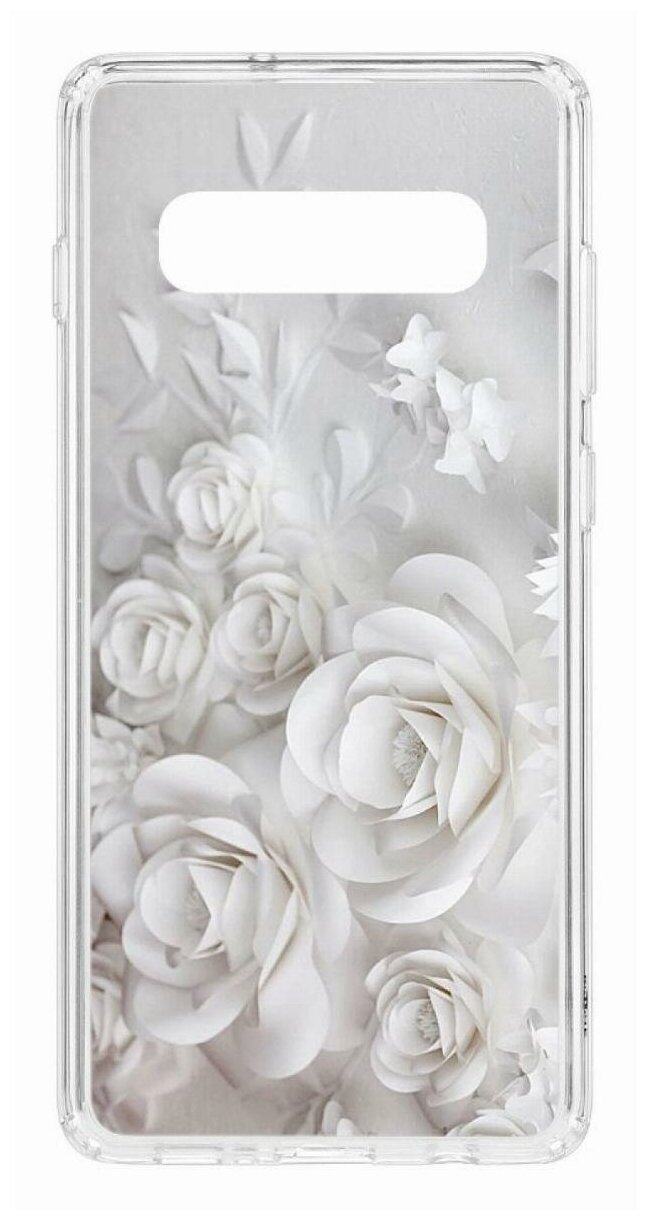 Чехол для Samsung Galaxy S10 Plus Kruche Print White roses, пластиковая накладка, силиконовый бампер с защитой камеры, защитный прозрачный с рисунком