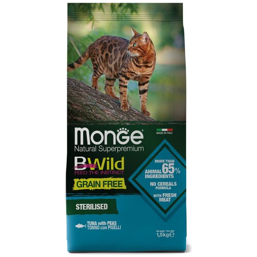 Сухой корм для стерилизованных кошек Monge BWILD Feed the Instinct, с тунцом, с горошком 1.5 кг сухой корм для стерилизованных кошек monge bwild feed the instinct с тунцом с горошком 10 кг