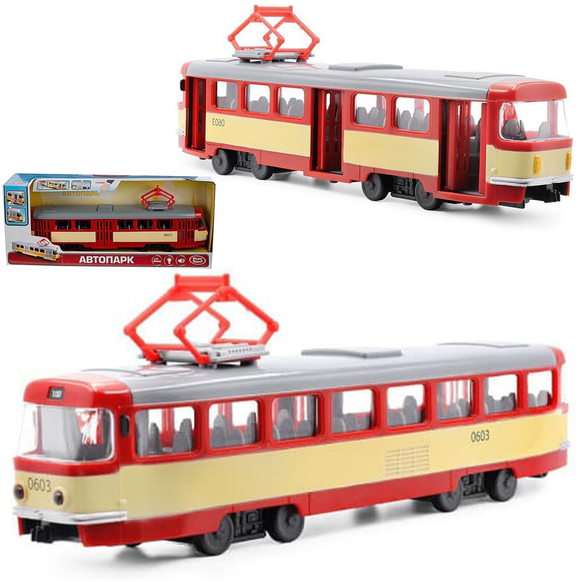 Трамвай инерционный Play Smart 1:54 Tatra T3SU 9708-D Автопарк, свет и звук Красно-белый