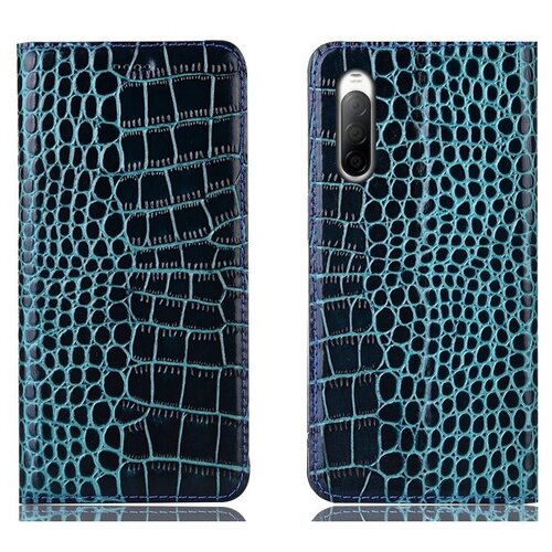 фото Чехол-книжка mypads premium для sony xperia 10 ii из качественной импортной натуральной кожи теленка с фактурной прошивкой рельефа кожи крокодила экзотический синий
