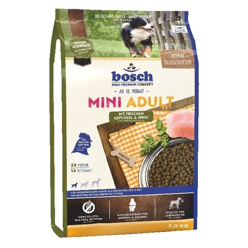 Сухие корма для собак Bosch Mini Adult Корм для взрослых собак мелких пород птица и просо, вес 3 кг