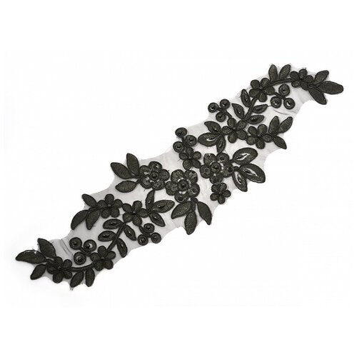 Аппликация пришивная Kruzhevo с пайетками и бусинами, 2 шт, цвет 01, черный, 340х100 мм (TBY.DE513L.1)