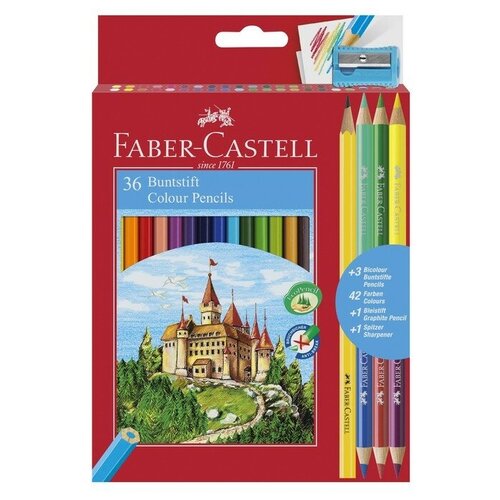 FABER- CASTELL Карандаши 36 цветов Faber- Castell «Замок» шестигранный корпус + 3 двухцветных карандаша + чернографитный карандаш + точилка