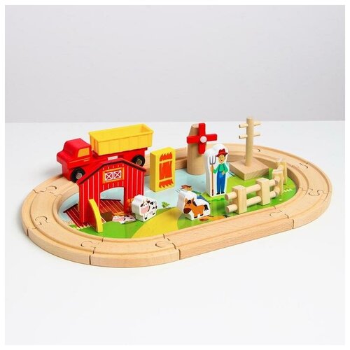 автотрек деревянная железная дорога Деревянная игрушка «Железная дорога + ферма» 23 детали, 32×5×17 см