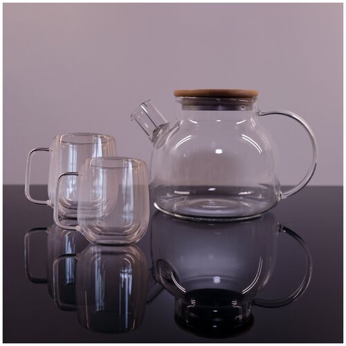 Набор чайный ЛiСТ (LIS50155) Чайник стеклянный заварочный 1000 мл, Кружка с двойными стенками (термо кружка) 250мл -2 шт, 3 предмета, на 2 персоны