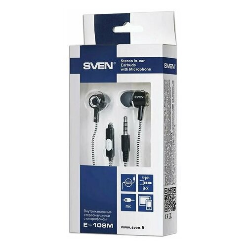 Наушники с микрофоном гарнитура SVEN E-109M провод 12 м вкладыши черные с серым SV-016241 1230₽