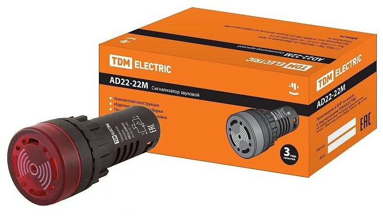 Сигнализатор звуковой AD22-22M/r23 d22 мм (LED) индикация 24В DC/AC красный TDM, цена за 1 шт