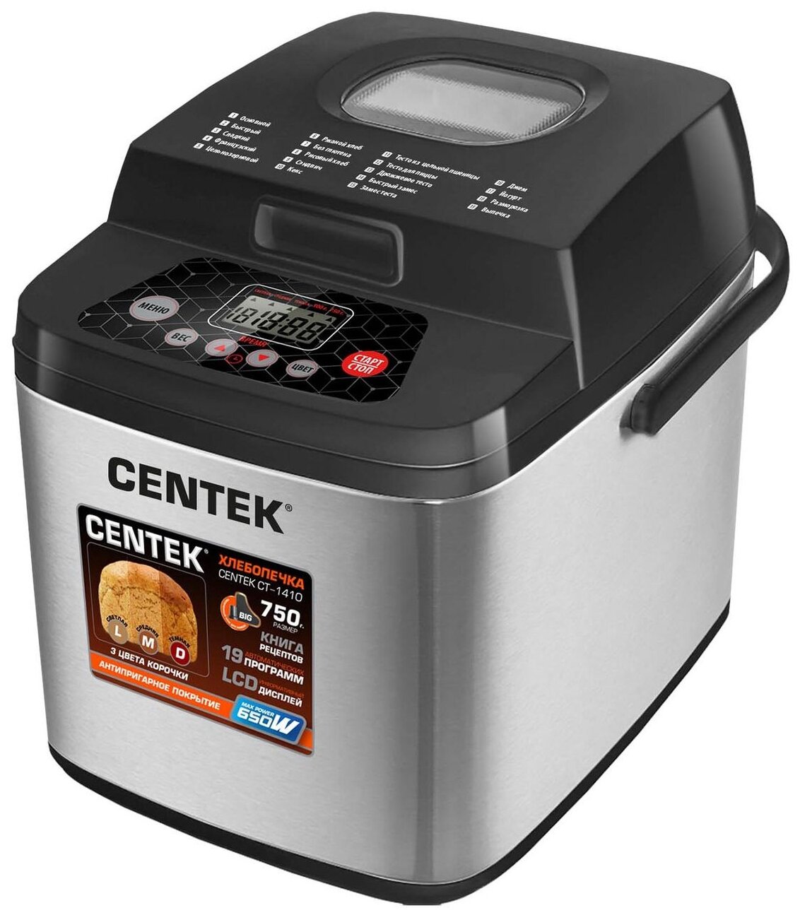 Хлебопечка Centek CT-1410 BLACK (черн) 750г, 650Вт, 19 программ, таймер, LCD, окошко, нерж.