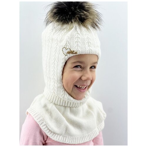 фото Шапка шлем mialt зимняя, шерсть, с помпоном, подкладка, вязаная, размер 48-50, белый