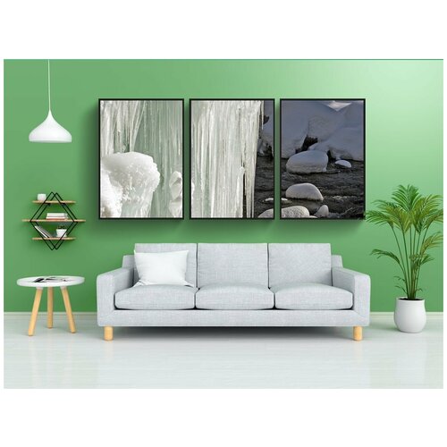 фото Набор модулных постеров для интерьера "замерзший водопад, сосульки, зима" 60x90 см. в тубусе, без рамки lotsprints