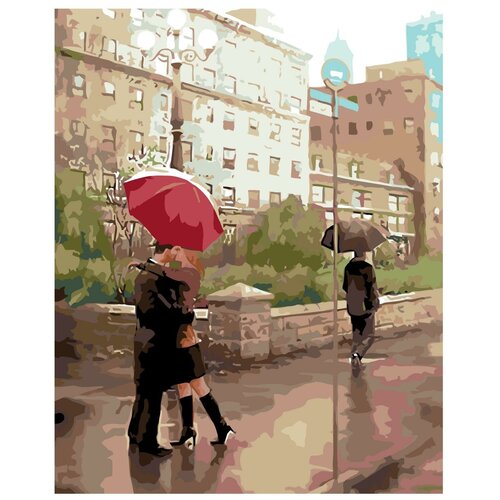Картина по номерам, Живопись по номерам, 80 x 100, DA04, Влюблённые, дождь, зонт, здание, романтика, живопись, улица