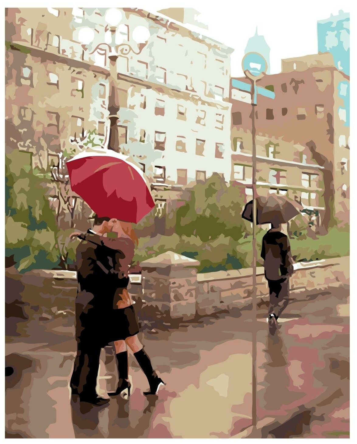 Картина по номерам, "Живопись по номерам", 48 x 60, DA04, Влюблённые, дождь, зонт, здание, романтика, живопись, улица