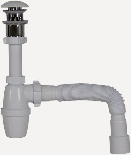 Изображение товара Сифон сливной белый и донный клапан хром с белой керамической накладкой с переливом КН044