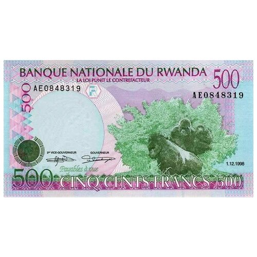 Руанда 500 франков 1998 г Обезьяны UNC банкнота номиналом 500 франков 1998 года руанда