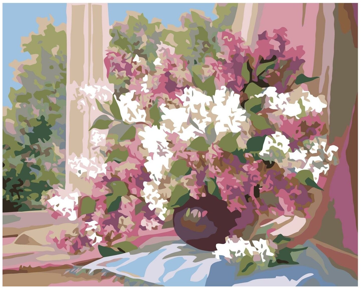 Сирень на окне Раскраска картина по номерам на холсте