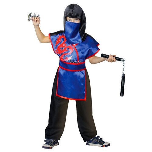 фото Карнавальный костюм "ниндзя. красный дракон на синем", шлем, защита, пояс, штаны, оружие, р-р 34, рост 134 см страна карнавалия