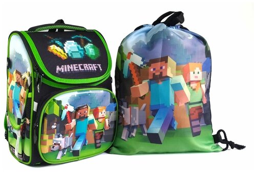 Рюкзак Mnecraft Майнкрафт с мешком для обуви, школьный ранец для первоклассника, зеленый