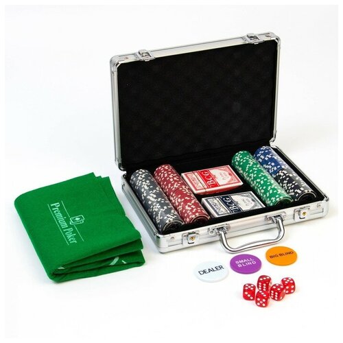 Покер в металлическом кейсе (200 фишек, 5 кубиков, 2 колоды карт), 41 х 35